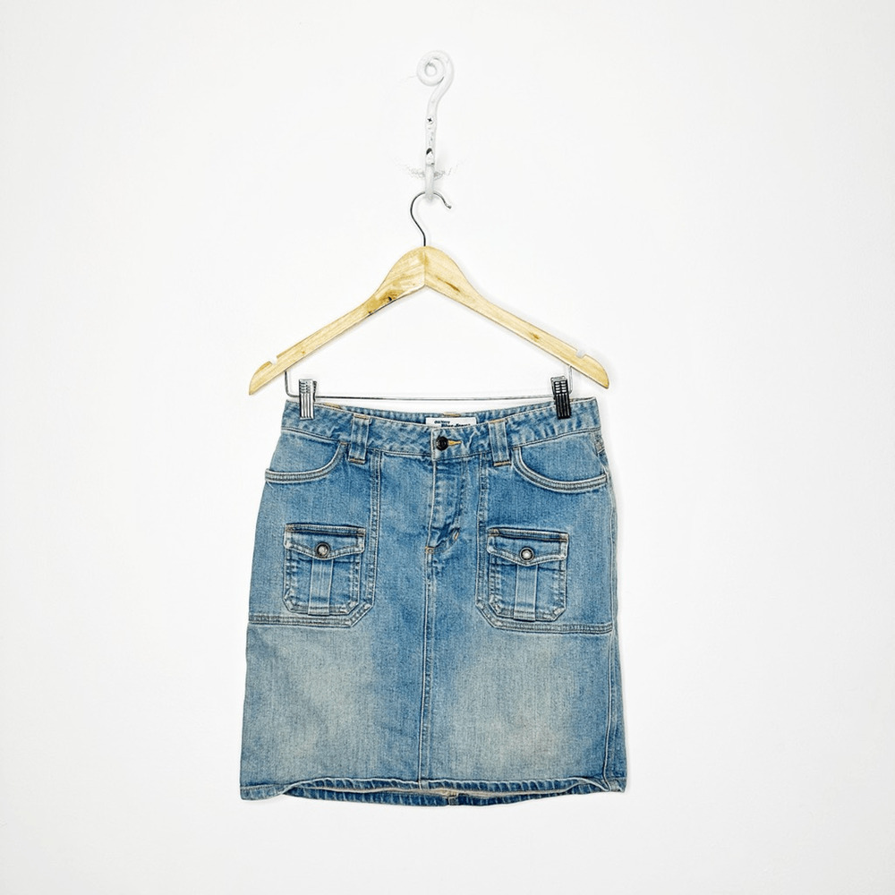 VTG 00s y2k DENIM CARGO SKIRT Light blue jean stretch blend womens size 4